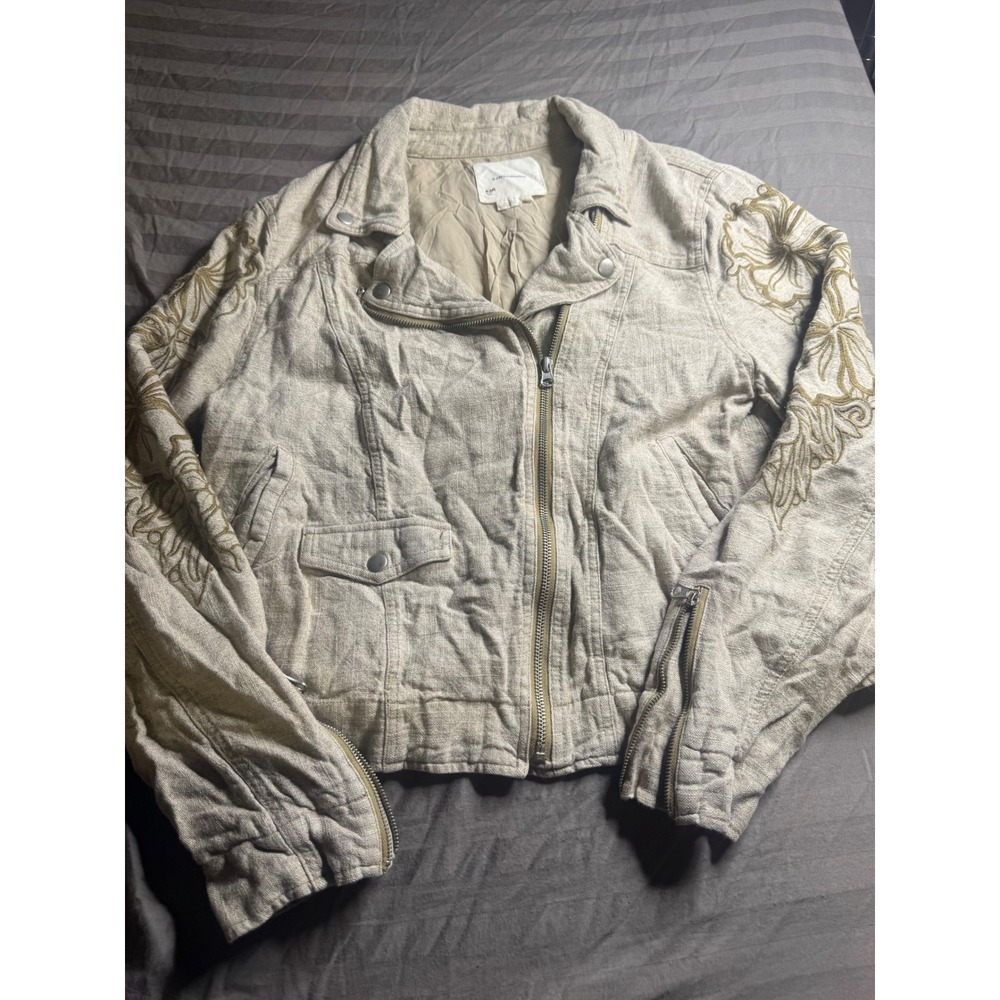 Anthropologie‎ Linen Blend Embroidered Moto Jacket Beige Floral Sleeve Zip Up L